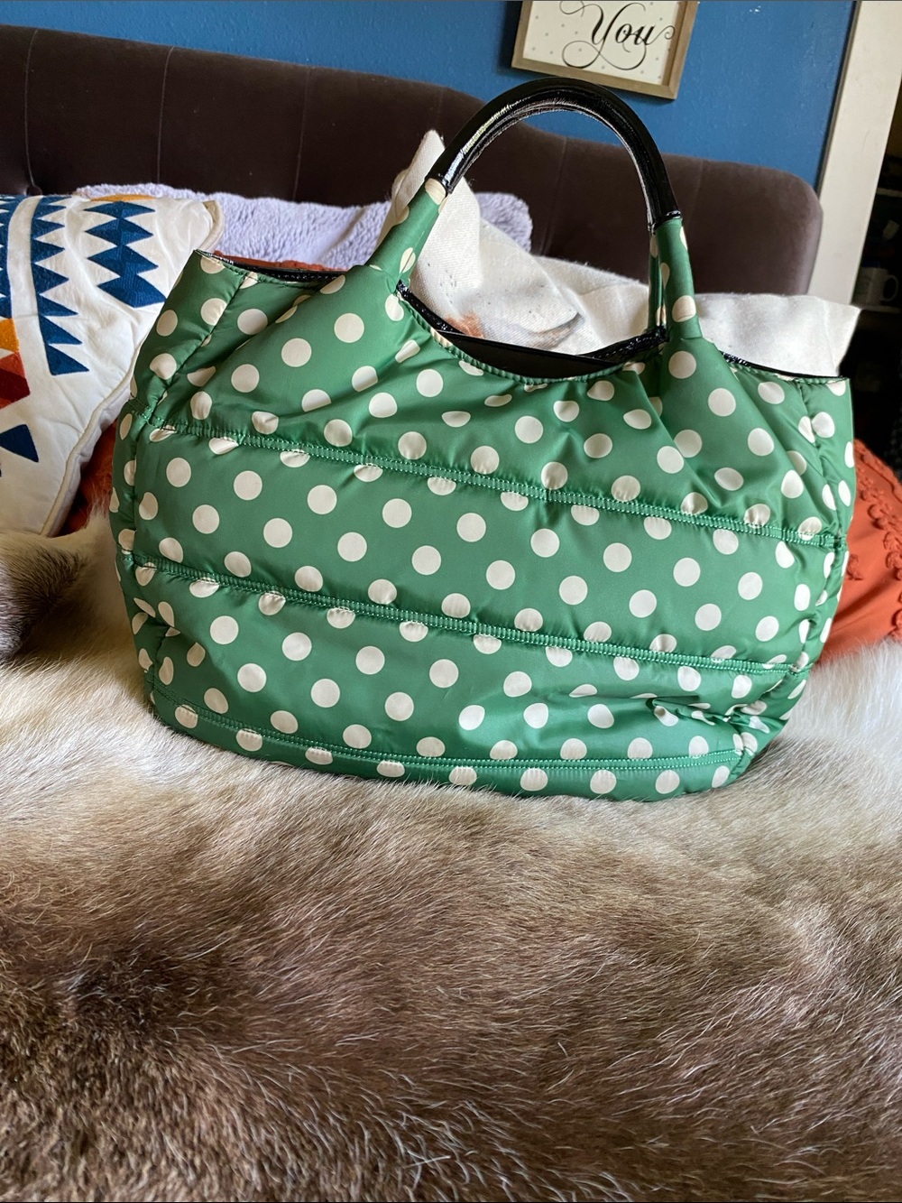kate spade Green and White Polka Dot Quilted Tote - Picture 2 of 4